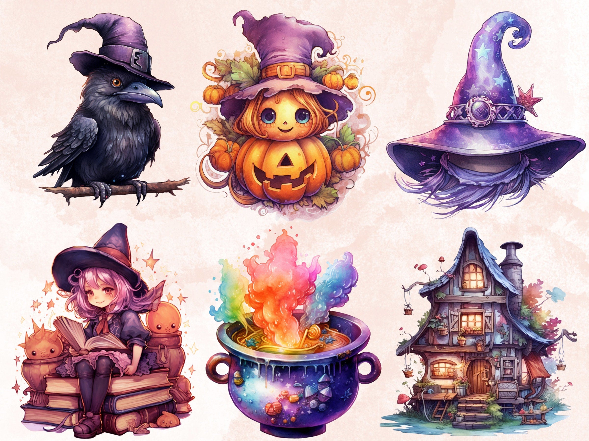 40 PNG Watercolor Kawaii Witch Clipart, Cute Witchcraft Clip art, witch clip art png, magic clip art, Fantasy Witch Bundle, witchcraft png