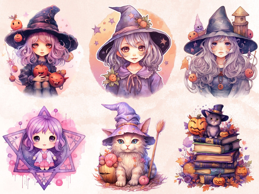 40 PNG Watercolor Kawaii Witch Clipart, Cute Witchcraft Clip art, witch clip art png, magic clip art, Fantasy Witch Bundle, witchcraft png