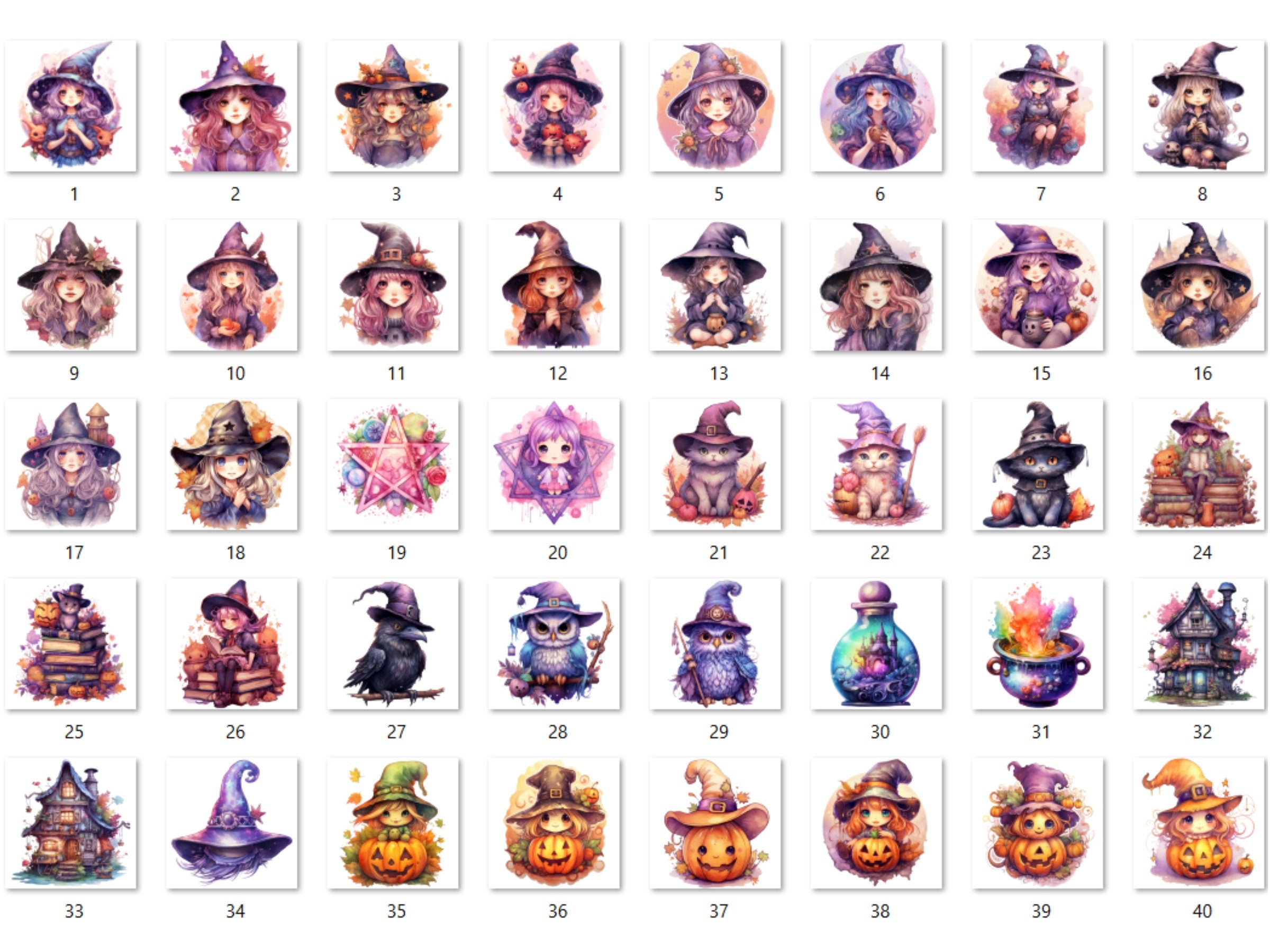 40 PNG Watercolor Kawaii Witch Clipart, Cute Witchcraft Clip art, witch clip art png, magic clip art, Fantasy Witch Bundle, witchcraft png