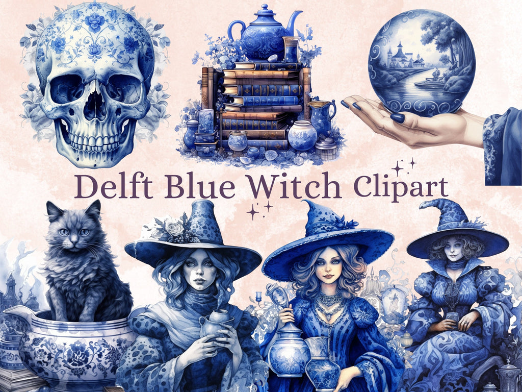 40 PNG Watercolour Delft Blue Witch Clipart, Witchcraft Clip art, witch clip art png, magic clip art, Halloween Witch Bundle, witchcraft png