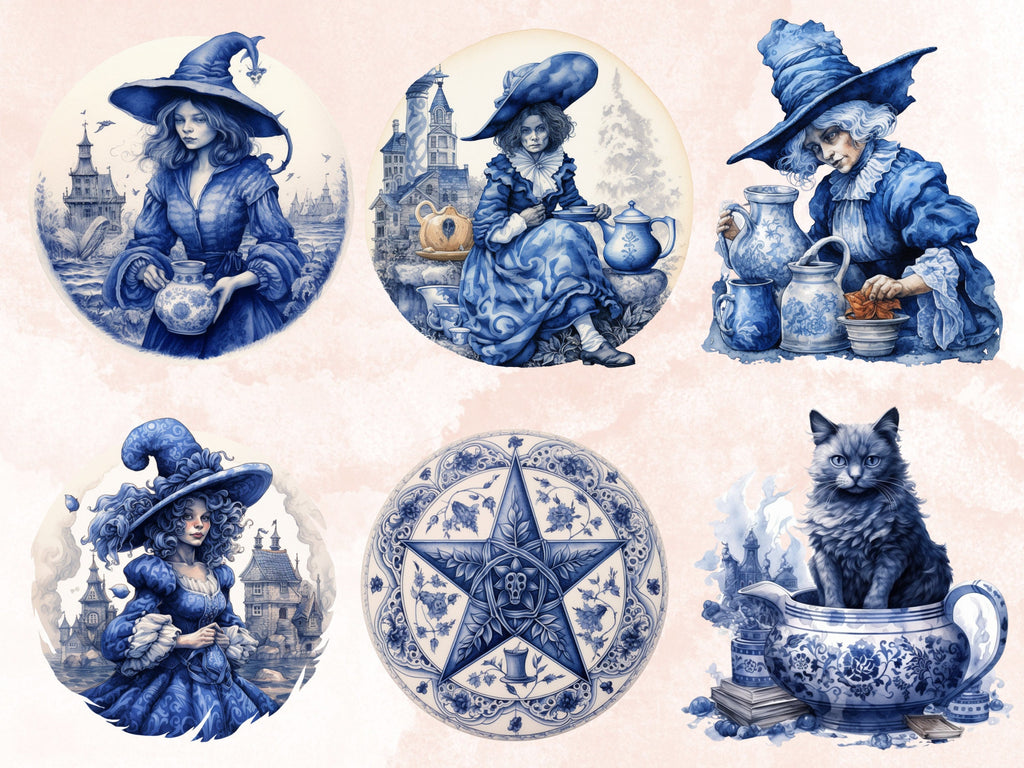 40 PNG Watercolour Delft Blue Witch Clipart, Witchcraft Clip art, witch clip art png, magic clip art, Halloween Witch Bundle, witchcraft png