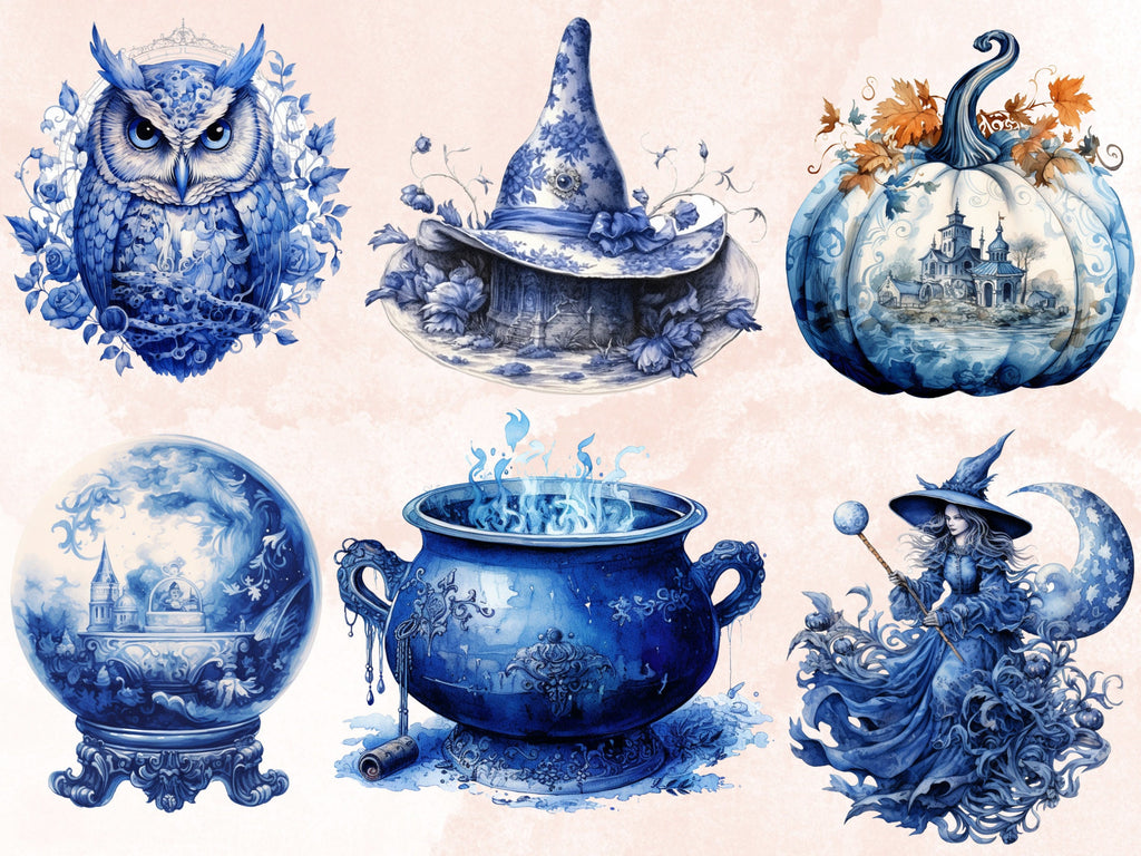 40 PNG Watercolour Delft Blue Witch Clipart, Witchcraft Clip art, witch clip art png, magic clip art, Halloween Witch Bundle, witchcraft png