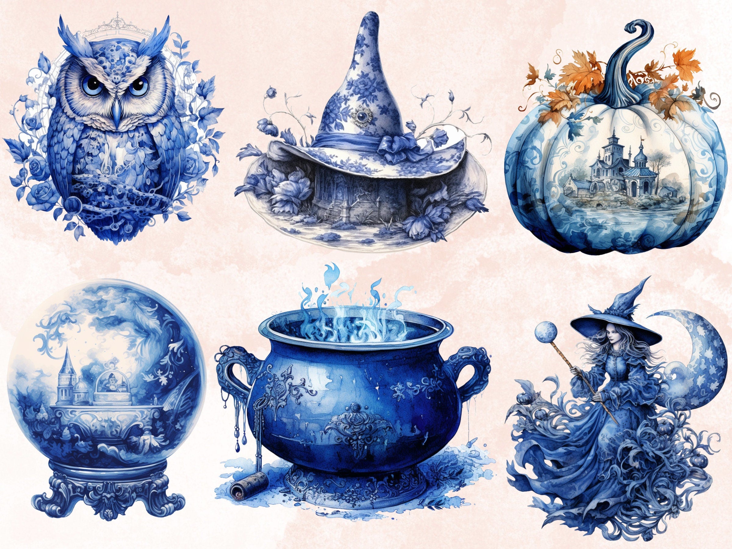 40 PNG Watercolour Delft Blue Witch Clipart, Witchcraft Clip art, witch clip art png, magic clip art, Halloween Witch Bundle, witchcraft png