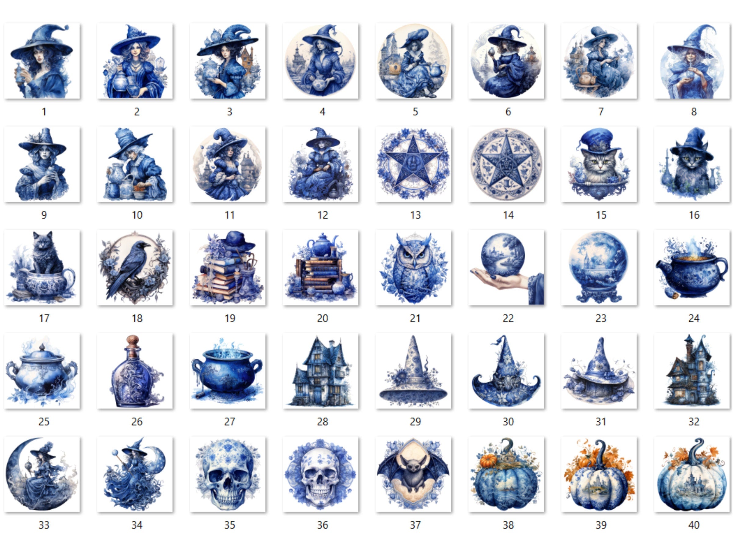 40 PNG Watercolour Delft Blue Witch Clipart, Witchcraft Clip art, witch clip art png, magic clip art, Halloween Witch Bundle, witchcraft png