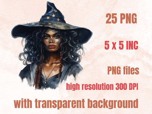 25 PNG Watercolor Black Girl Witches Clipart, Witchcraft Clip art, Afro witch clip art png, magic clip art, African Melanin Black Woman PNG