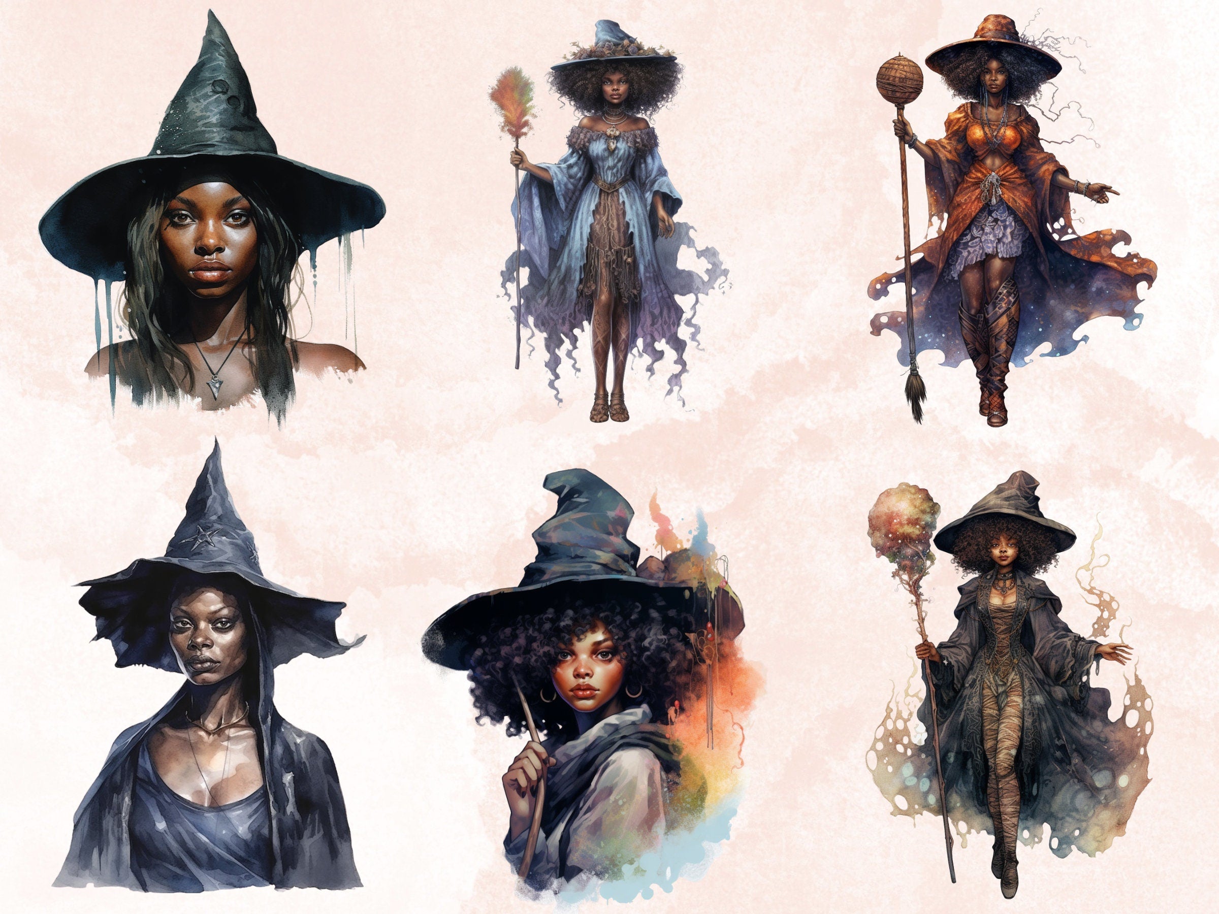 25 PNG Watercolor Black Girl Witches Clipart, Witchcraft Clip art, Afro witch clip art png, magic clip art, African Melanin Black Woman PNG