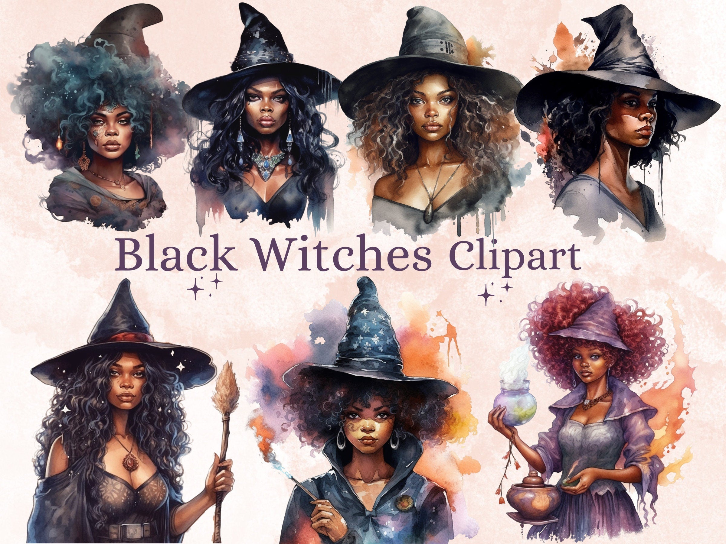 25 PNG Watercolor Black Girl Witches Clipart, Witchcraft Clip art, Afro witch clip art png, magic clip art, African Melanin Black Woman PNG