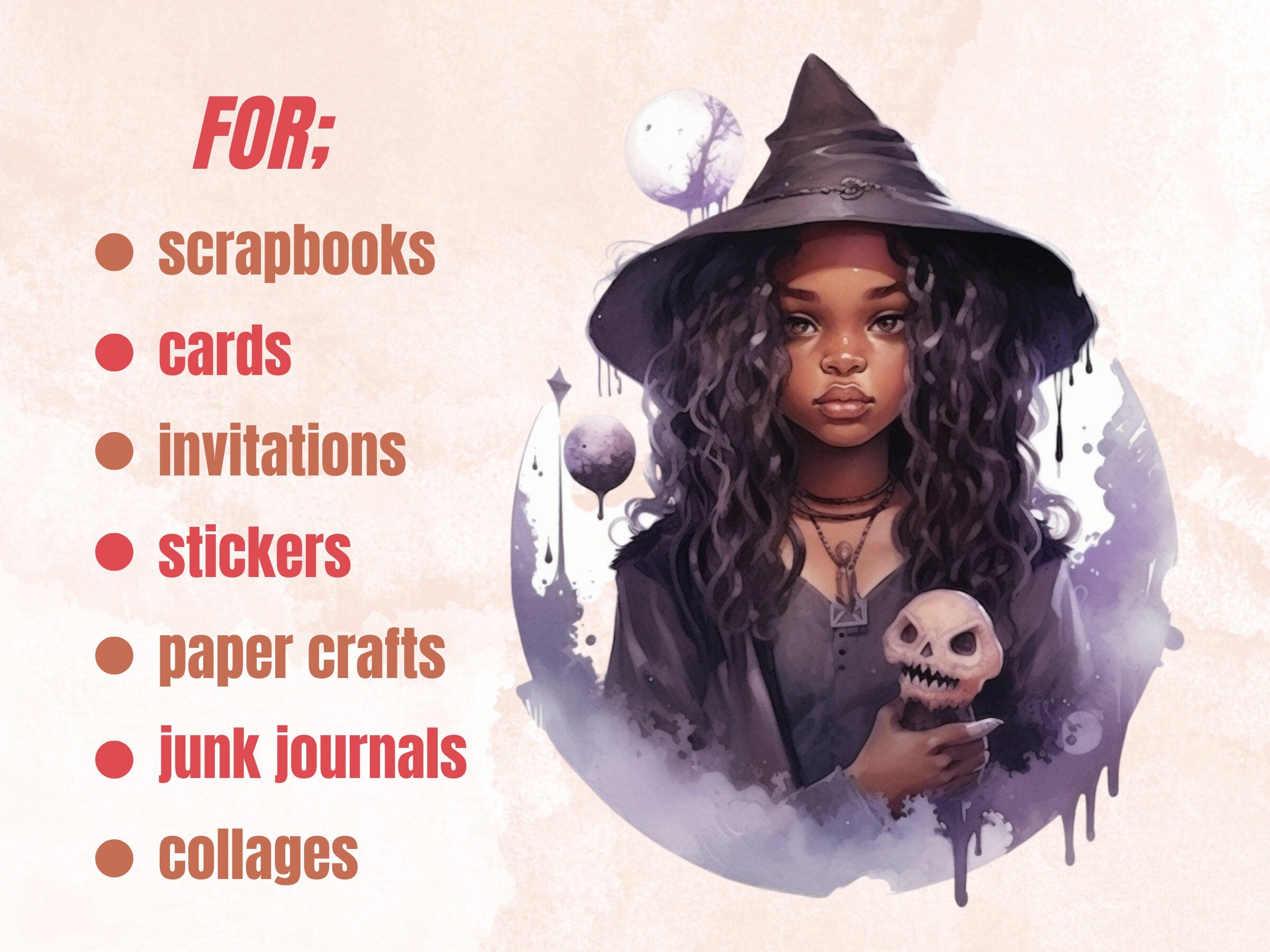 25 PNG Watercolor Little Black Girl Witches Clipart, Witchcraft Clip art, Afro witch clipart png, African American Melanin Black Kids PNG
