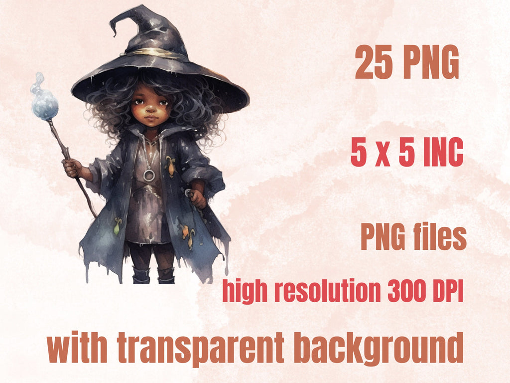 25 PNG Watercolor Little Black Girl Witches Clipart, Witchcraft Clip art, Afro witch clipart png, African American Melanin Black Kids PNG