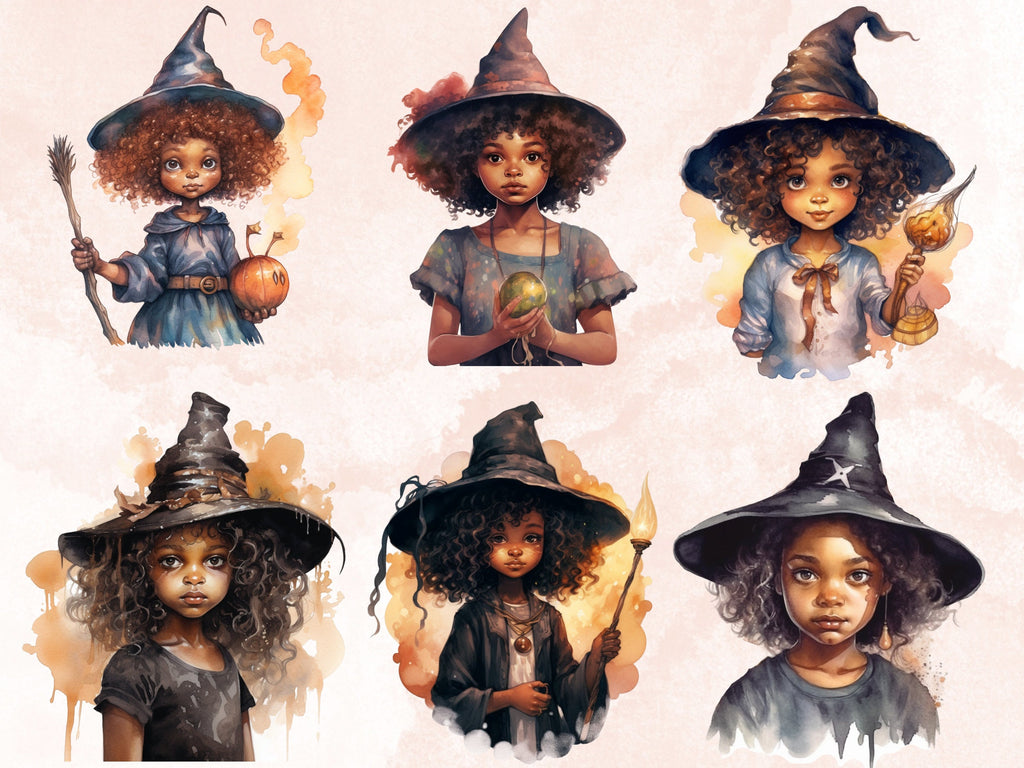 25 PNG Watercolor Little Black Girl Witches Clipart, Witchcraft Clip art, Afro witch clipart png, African American Melanin Black Kids PNG
