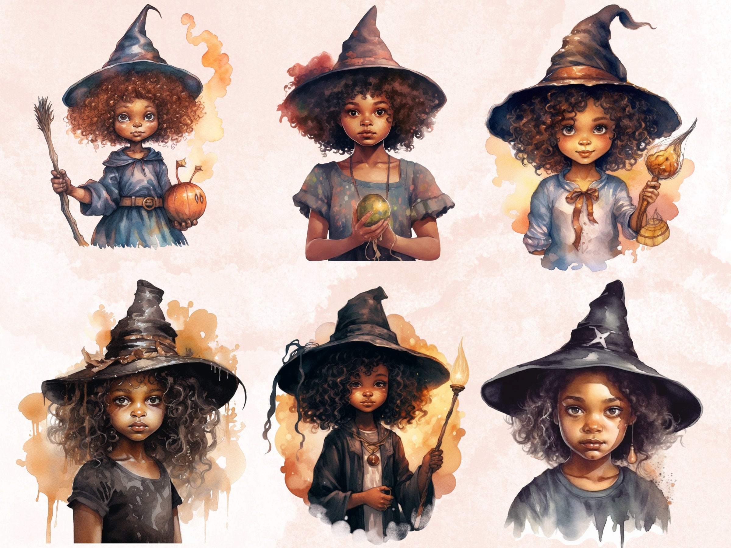 25 PNG Watercolor Little Black Girl Witches Clipart, Witchcraft Clip art, Afro witch clipart png, African American Melanin Black Kids PNG