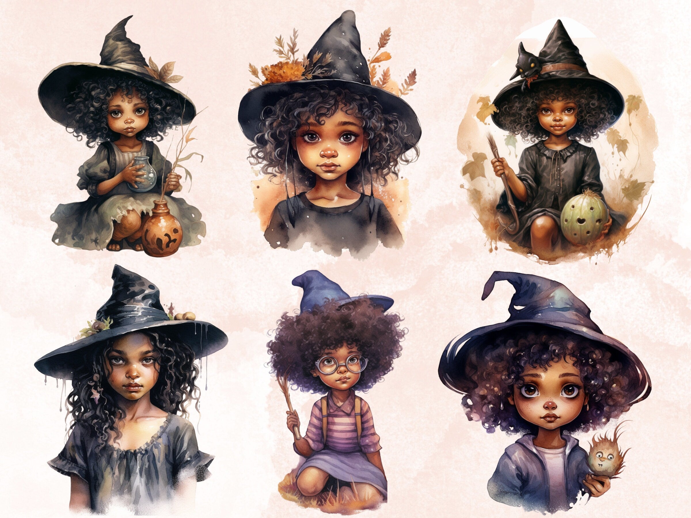 25 PNG Watercolor Little Black Girl Witches Clipart, Witchcraft Clip art, Afro witch clipart png, African American Melanin Black Kids PNG