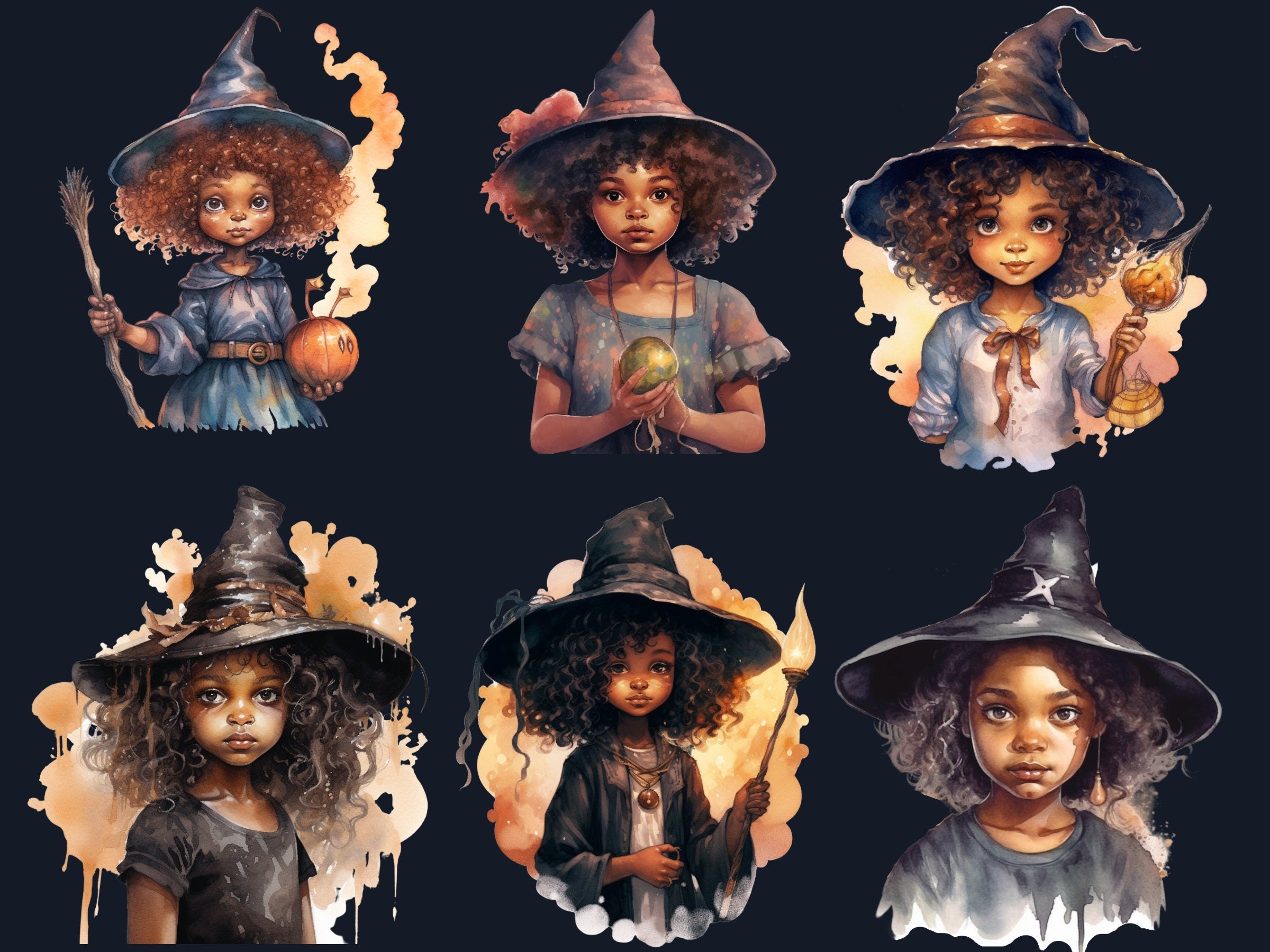 25 PNG Watercolor Little Black Girl Witches Clipart, Witchcraft Clip art, Afro witch clipart png, African American Melanin Black Kids PNG