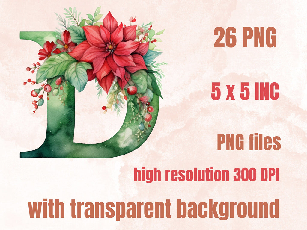 26 PNG Watercolour Green Christmas Alphabet Clipart, Christmas Letters Clip art, Christmas Font png, Xmas Noel Floral Alphabet Sublimation