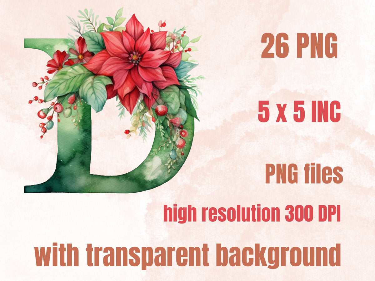 26 PNG Watercolour Green Christmas Alphabet Clipart, Christmas Letters Clip art, Christmas Font png, Xmas Noel Floral Alphabet Sublimation
