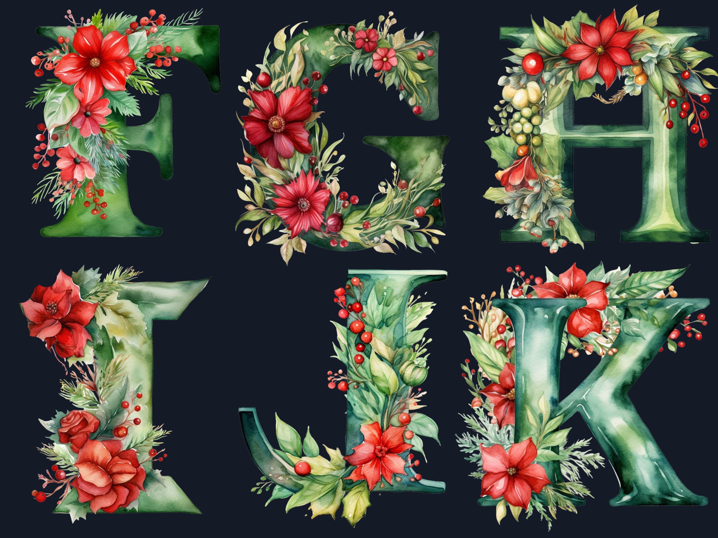 26 PNG Watercolour Green Christmas Alphabet Clipart, Christmas Letters Clip art, Christmas Font png, Xmas Noel Floral Alphabet Sublimation