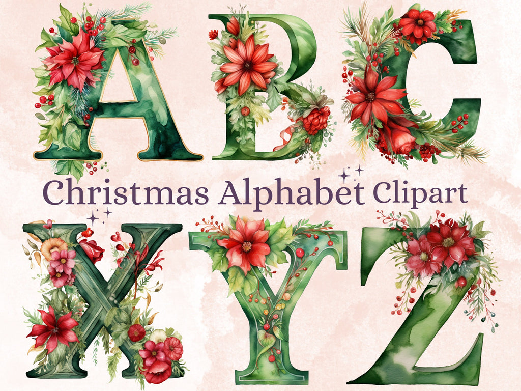 26 PNG Watercolour Green Christmas Alphabet Clipart, Christmas Letters Clip art, Christmas Font png, Xmas Noel Floral Alphabet Sublimation