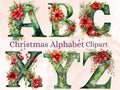 26 PNG Watercolour Green Christmas Alphabet Clipart, Christmas Letters Clip art, Christmas Font png, Xmas Noel Floral Alphabet Sublimation