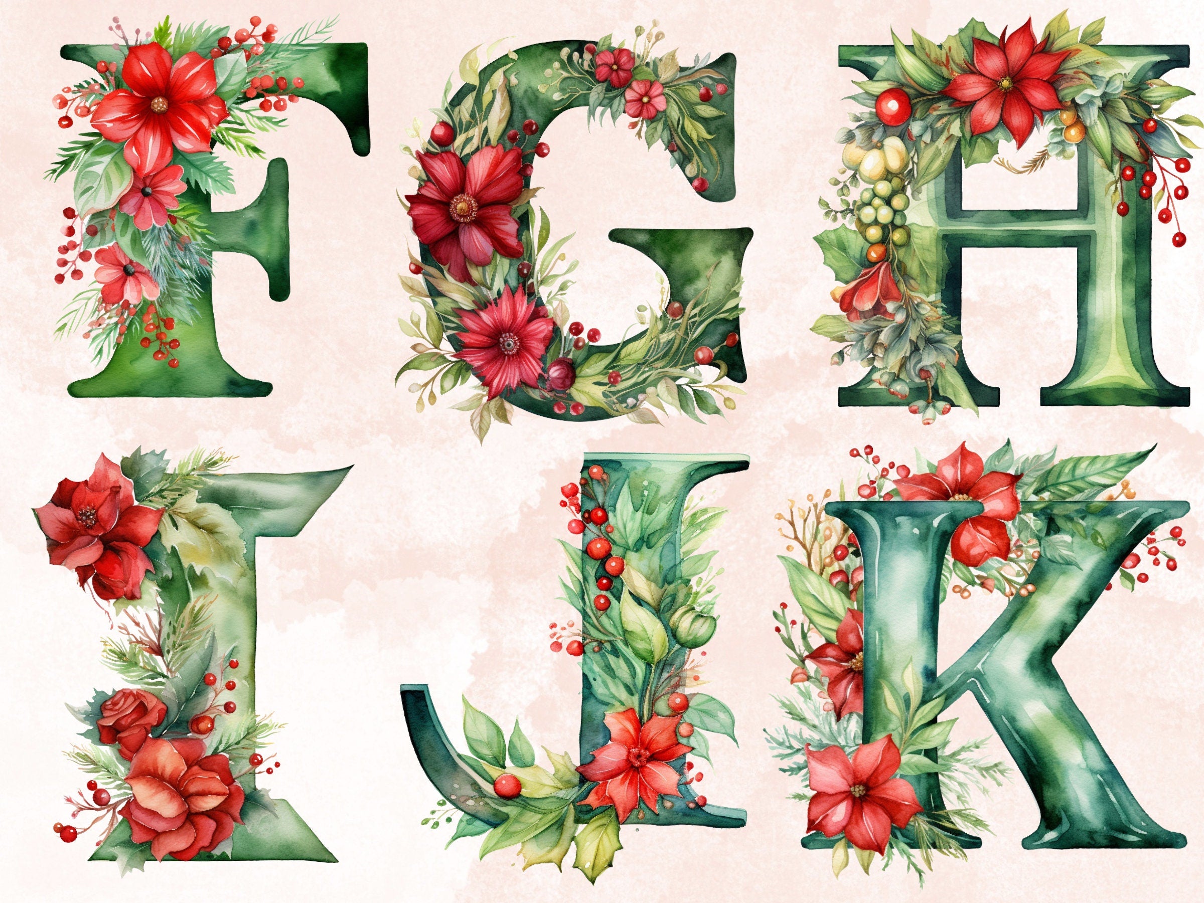 26 PNG Watercolour Green Christmas Alphabet Clipart, Christmas Letters Clip art, Christmas Font png, Xmas Noel Floral Alphabet Sublimation
