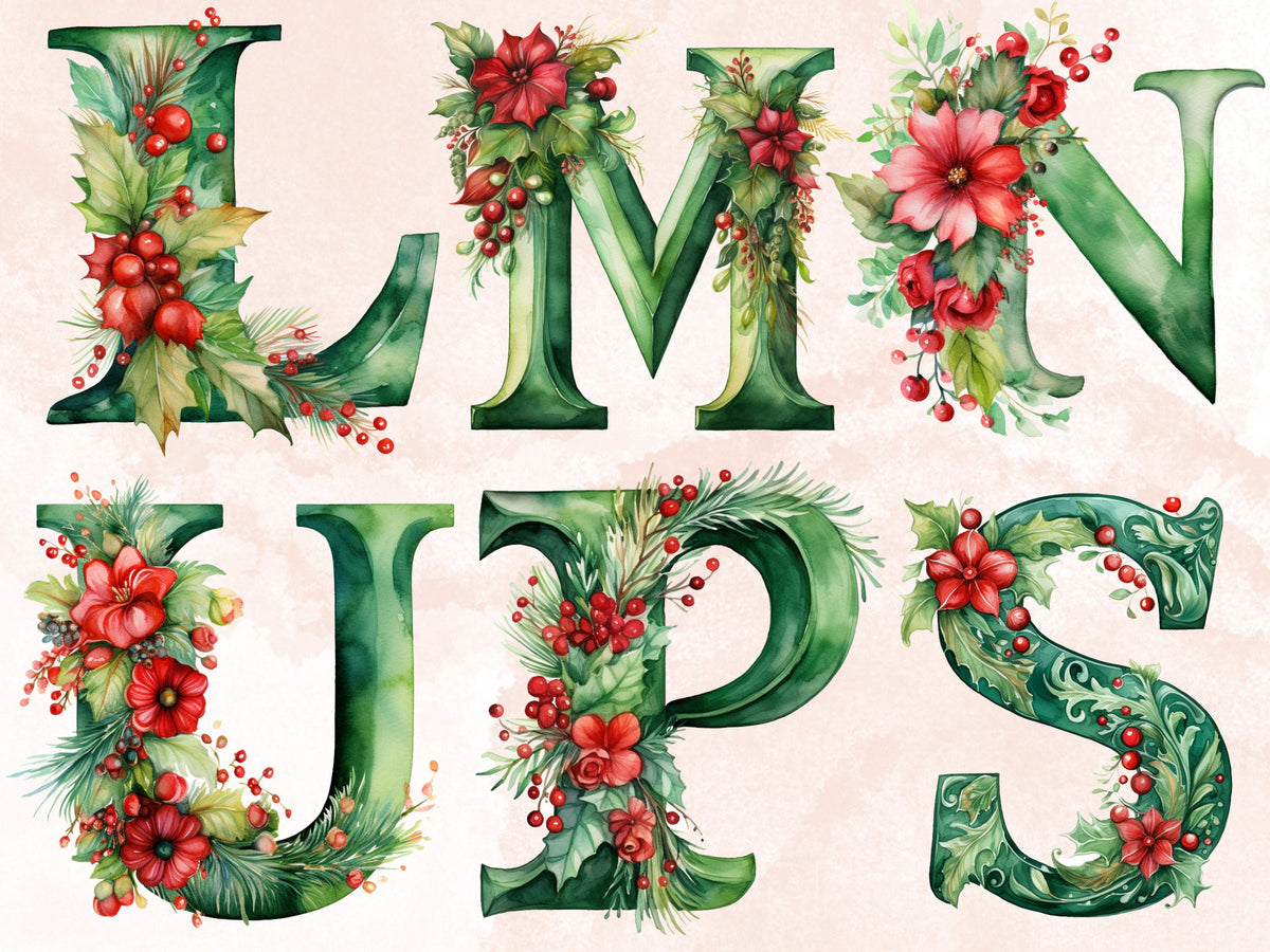 26 PNG Watercolour Green Christmas Alphabet Clipart, Christmas Letters Clip art, Christmas Font png, Xmas Noel Floral Alphabet Sublimation