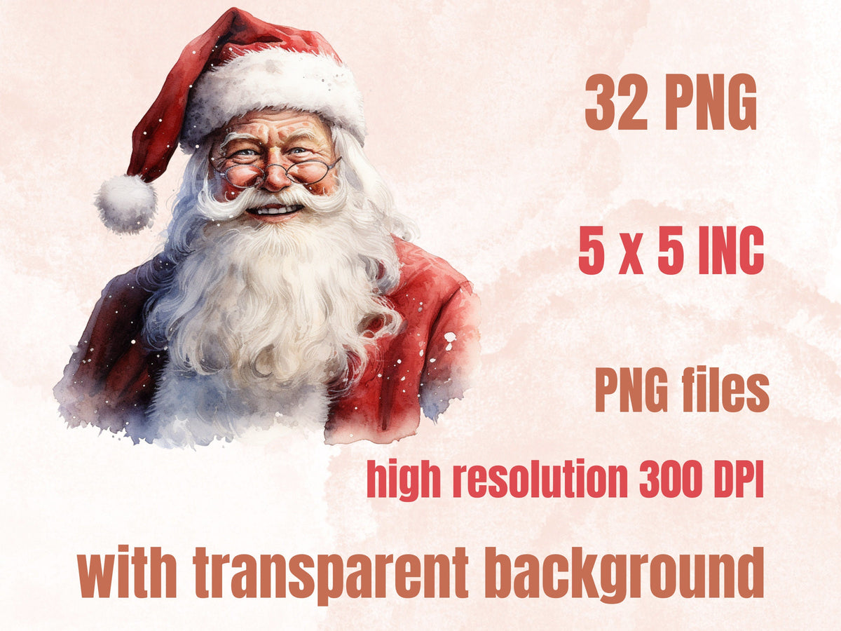 32 PNG Watercolour Santa Claus Clipart, Christmas Clip art Bundle, Winter Holiday graphic png, Xmas Noel Sublimation, Free Commercial Use