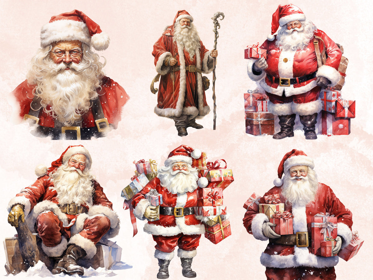32 PNG Watercolour Santa Claus Clipart, Christmas Clip art Bundle, Winter Holiday graphic png, Xmas Noel Sublimation, Free Commercial Use