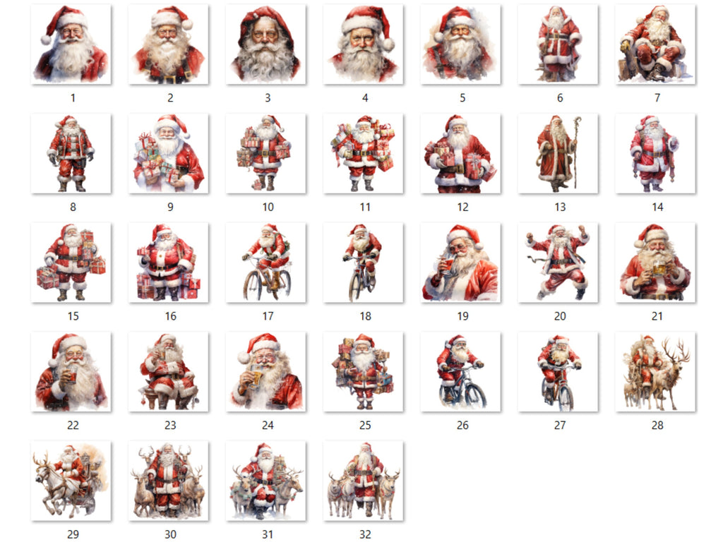 32 PNG Watercolour Santa Claus Clipart, Christmas Clip art Bundle, Winter Holiday graphic png, Xmas Noel Sublimation, Free Commercial Use