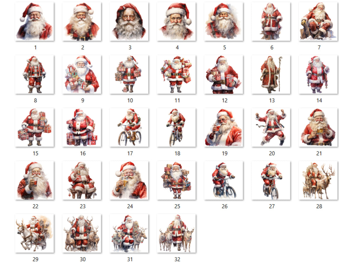 32 PNG Watercolour Santa Claus Clipart, Christmas Clip art Bundle, Winter Holiday graphic png, Xmas Noel Sublimation, Free Commercial Use