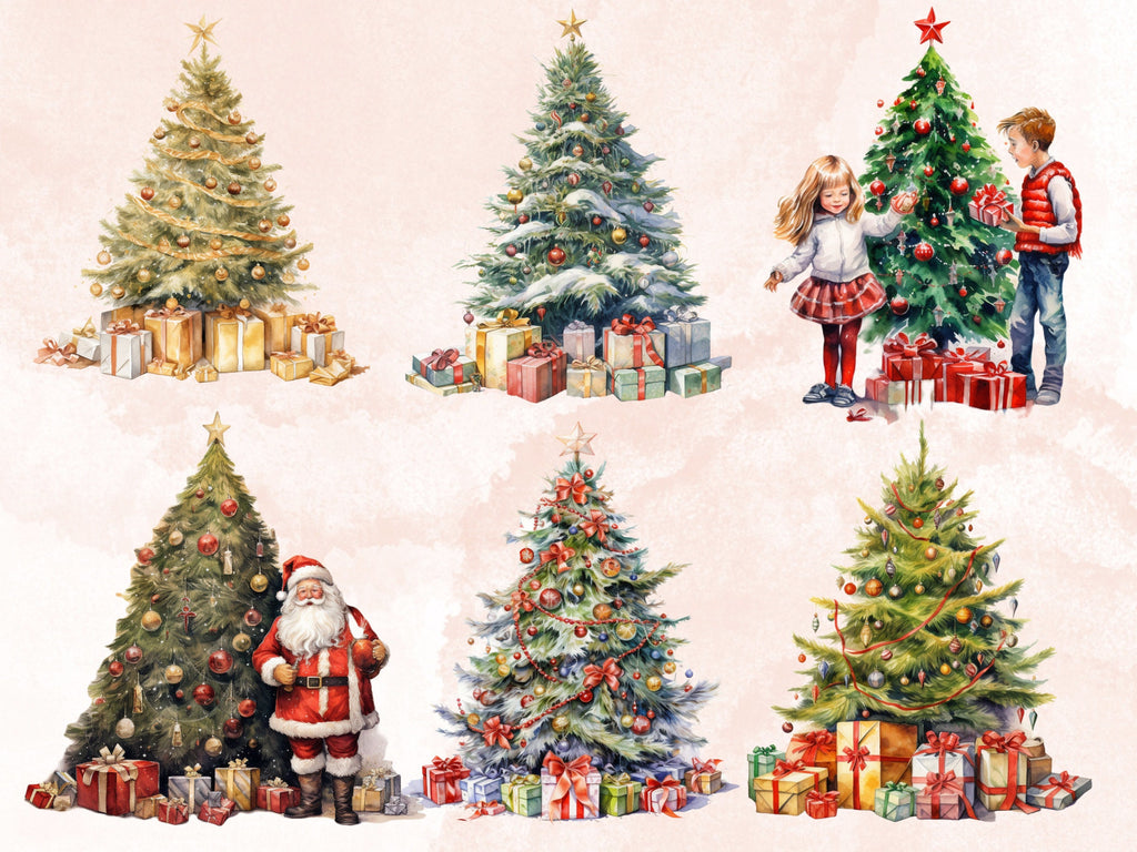 20 PNG Watercolour Christmas Tree Clipart, Cozy Christmas Decorations Clip art Bundle, Winter Holiday graphic png, Xmas Noel Sublimation
