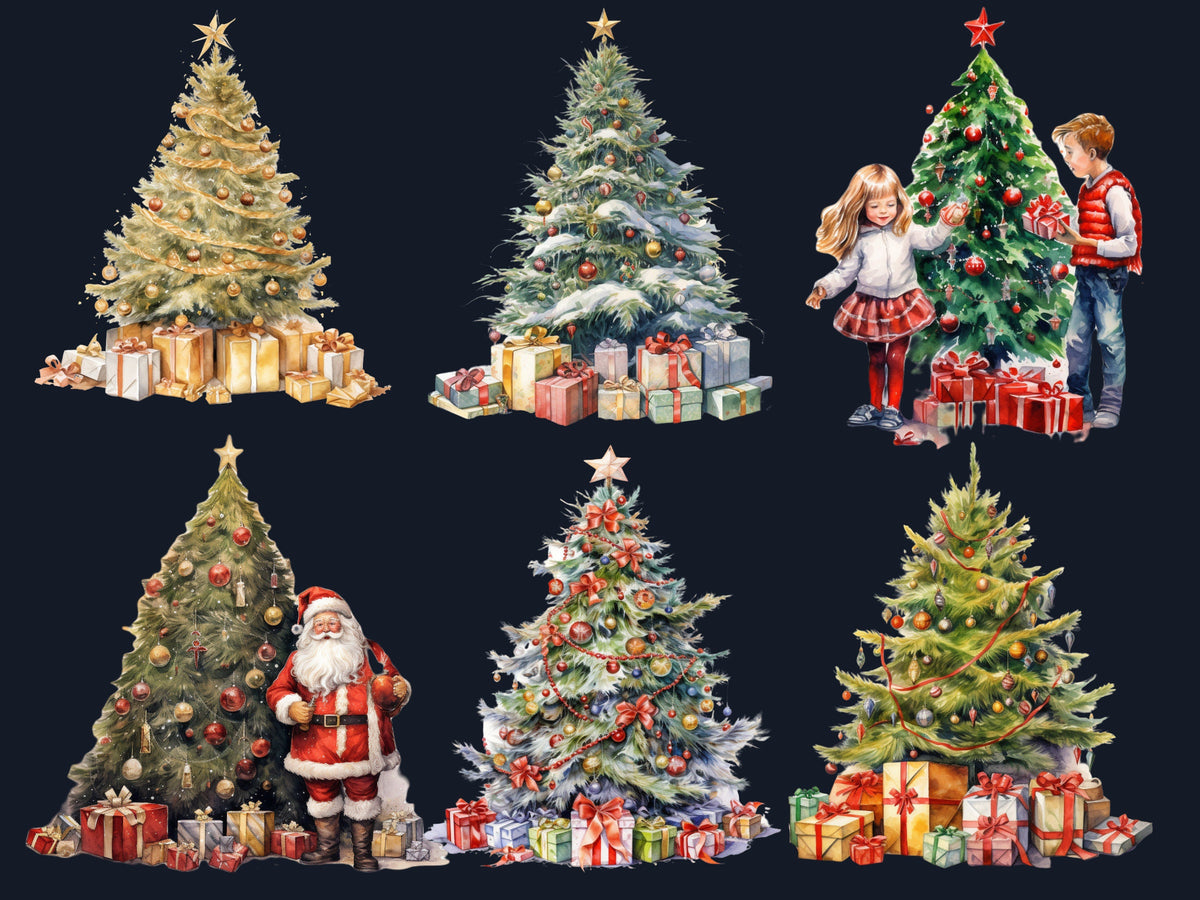 20 PNG Watercolour Christmas Tree Clipart, Cozy Christmas Decorations Clip art Bundle, Winter Holiday graphic png, Xmas Noel Sublimation