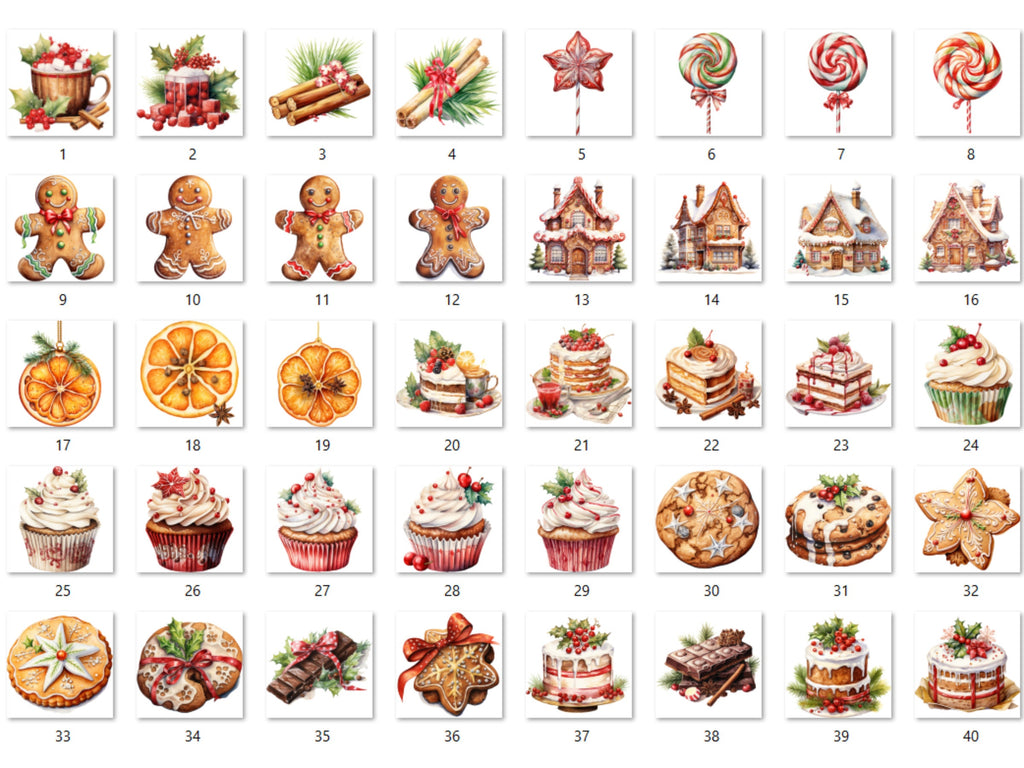 40 PNG Watercolor Christmas Dessert Clipart, Christmas Sweets Clip art, Christmas Cake, Cupcakes, Cookies, Gingerbread png, Xmas Noel Treats