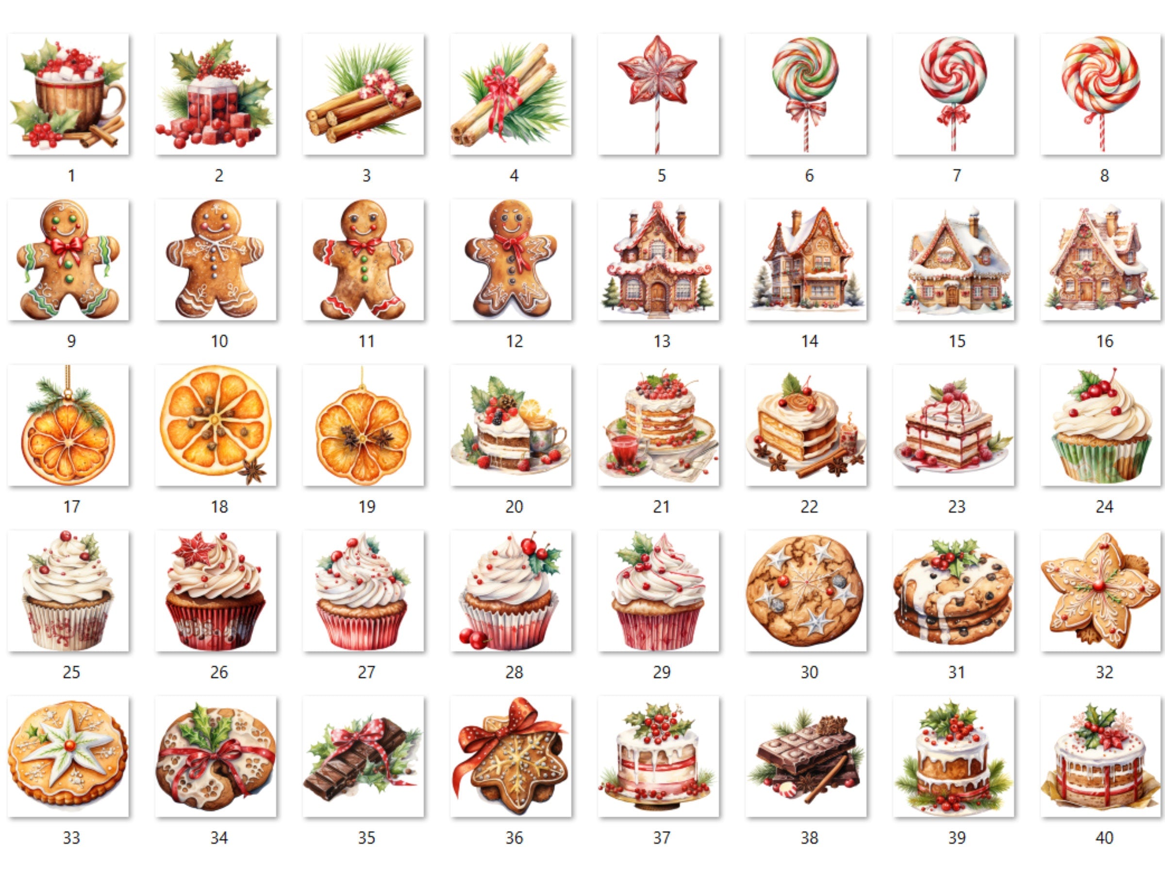 40 PNG Watercolor Christmas Dessert Clipart, Christmas Sweets Clip art, Christmas Cake, Cupcakes, Cookies, Gingerbread png, Xmas Noel Treats