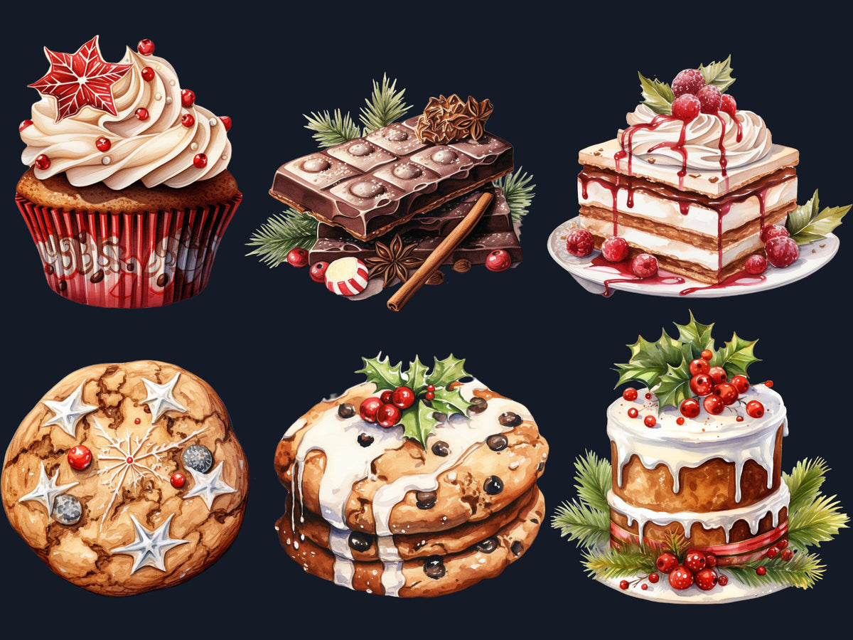 40 PNG Watercolor Christmas Dessert Clipart, Christmas Sweets Clip art, Christmas Cake, Cupcakes, Cookies, Gingerbread png, Xmas Noel Treats