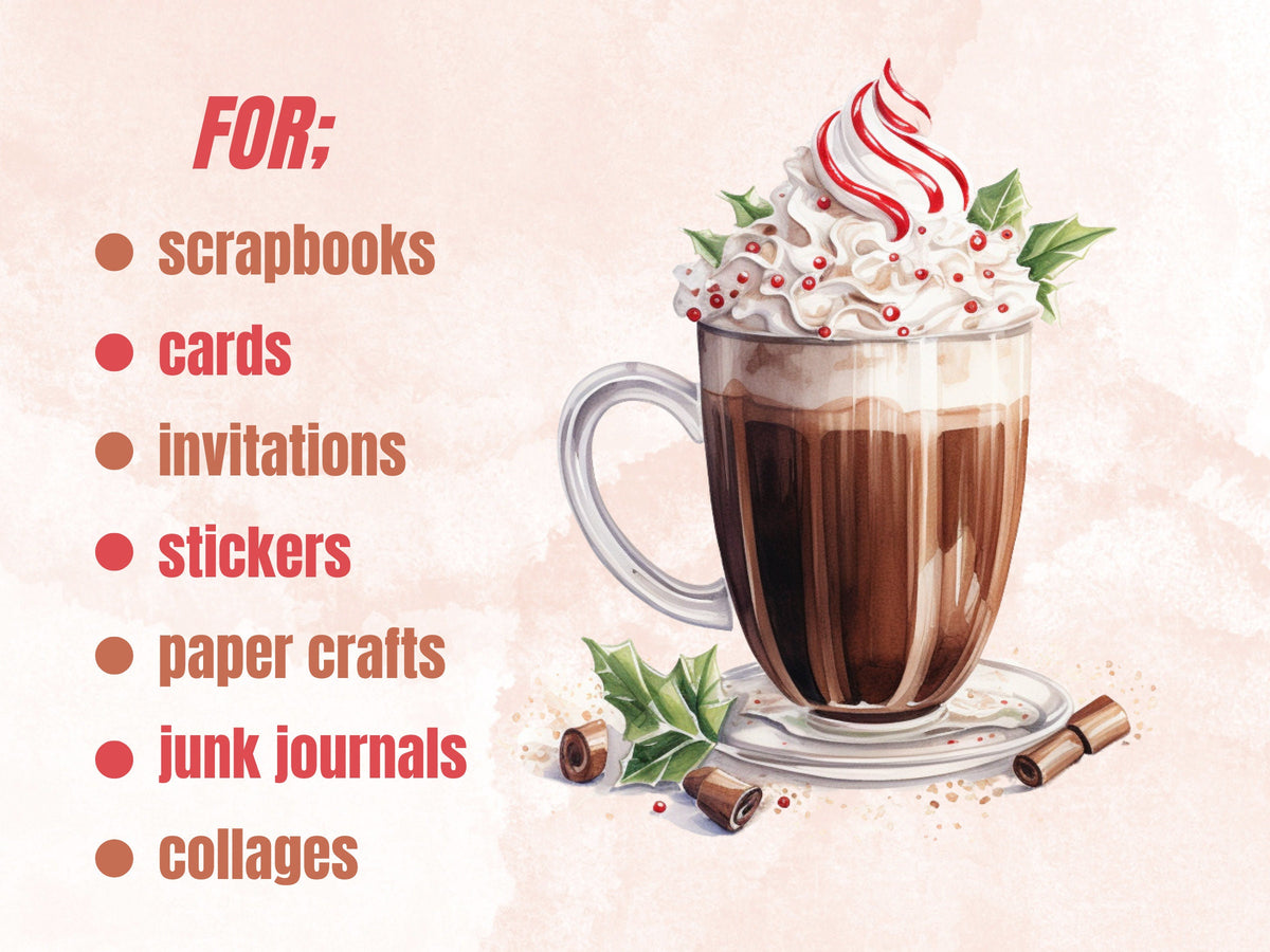 30 PNG Watercolor Christmas Winter Drink Clipart, Merry Christmas Clip art, Hot Chocolate, Cocktail, Beer, Mulled Wine png, Xmas Noel Treats