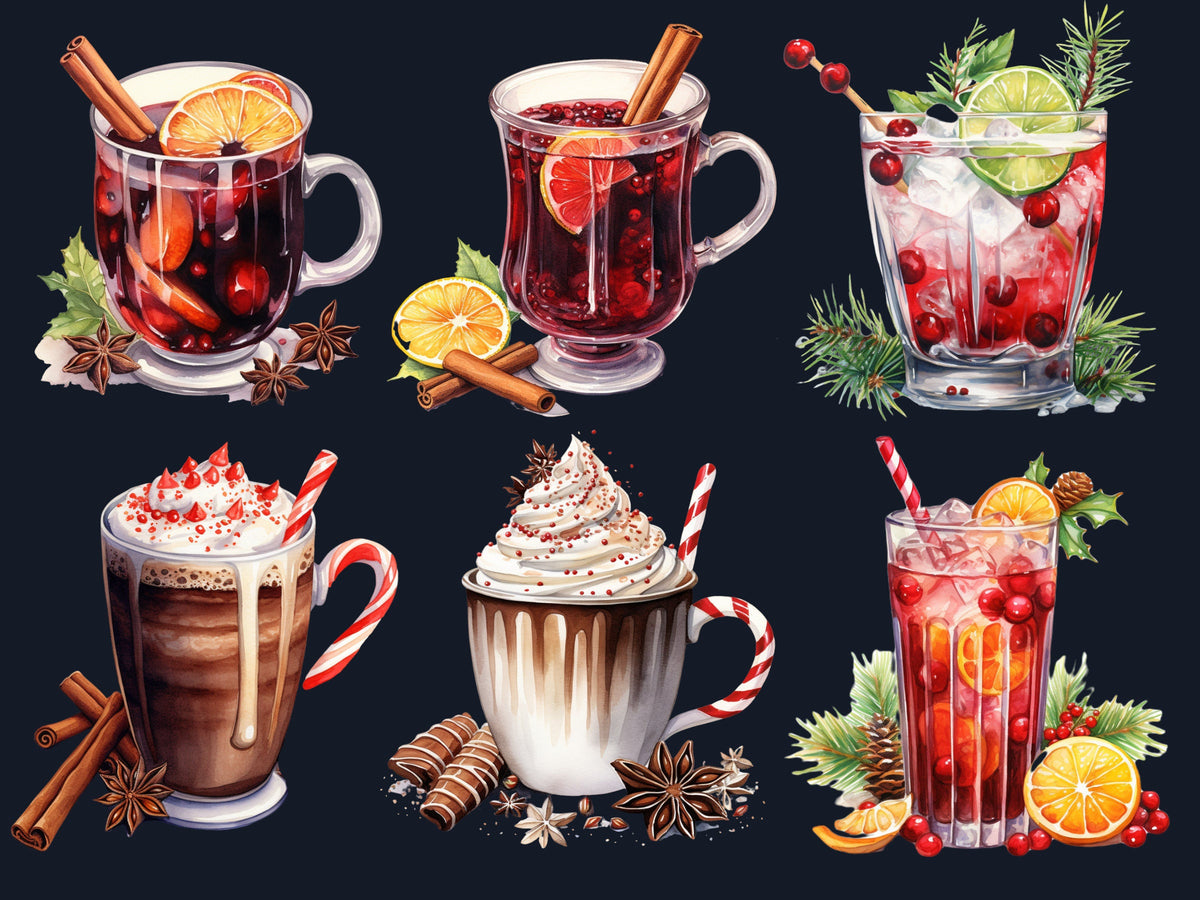 30 PNG Watercolor Christmas Winter Drink Clipart, Merry Christmas Clip art, Hot Chocolate, Cocktail, Beer, Mulled Wine png, Xmas Noel Treats