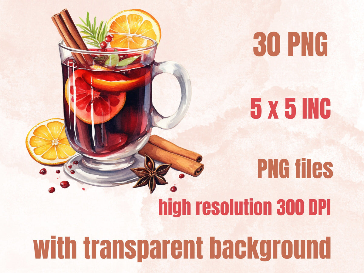 30 PNG Watercolor Christmas Winter Drink Clipart, Merry Christmas Clip art, Hot Chocolate, Cocktail, Beer, Mulled Wine png, Xmas Noel Treats