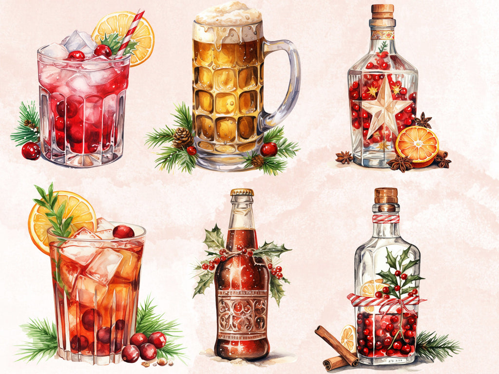 30 PNG Watercolor Christmas Winter Drink Clipart, Merry Christmas Clip art, Hot Chocolate, Cocktail, Beer, Mulled Wine png, Xmas Noel Treats