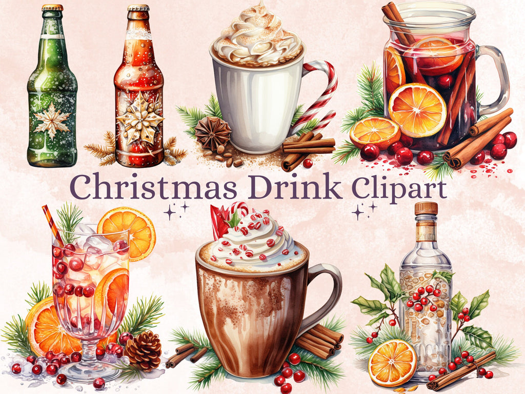 30 PNG Watercolor Christmas Winter Drink Clipart, Merry Christmas Clip art, Hot Chocolate, Cocktail, Beer, Mulled Wine png, Xmas Noel Treats