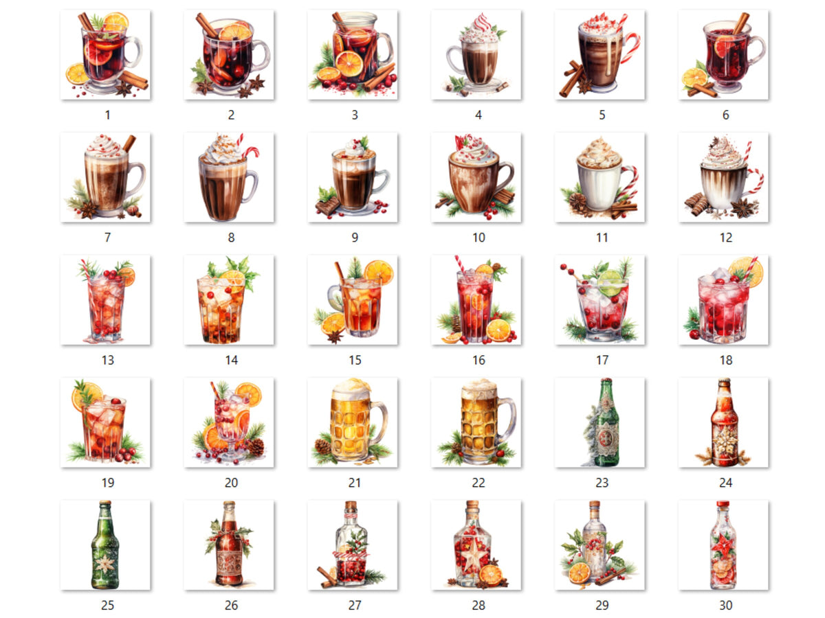 30 PNG Watercolor Christmas Winter Drink Clipart, Merry Christmas Clip art, Hot Chocolate, Cocktail, Beer, Mulled Wine png, Xmas Noel Treats