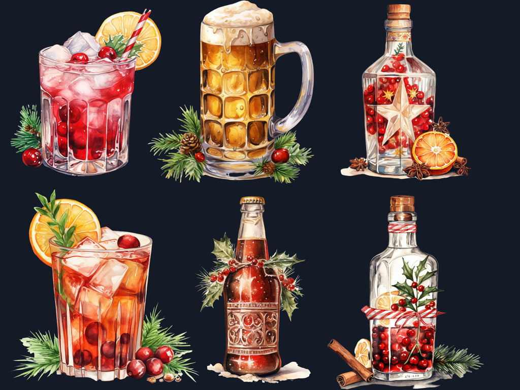 30 PNG Watercolor Christmas Winter Drink Clipart, Merry Christmas Clip art, Hot Chocolate, Cocktail, Beer, Mulled Wine png, Xmas Noel Treats
