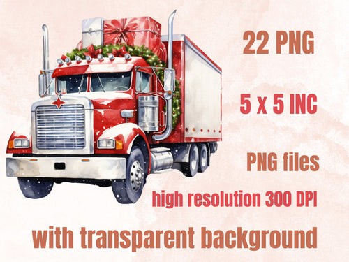 22 PNG Watercolor Christmas Truck Clipart, Merry Christmas Tree Truck Clip art Bundle, Vintage Farm Truck png, Xmas Noel Sublimation Bundle