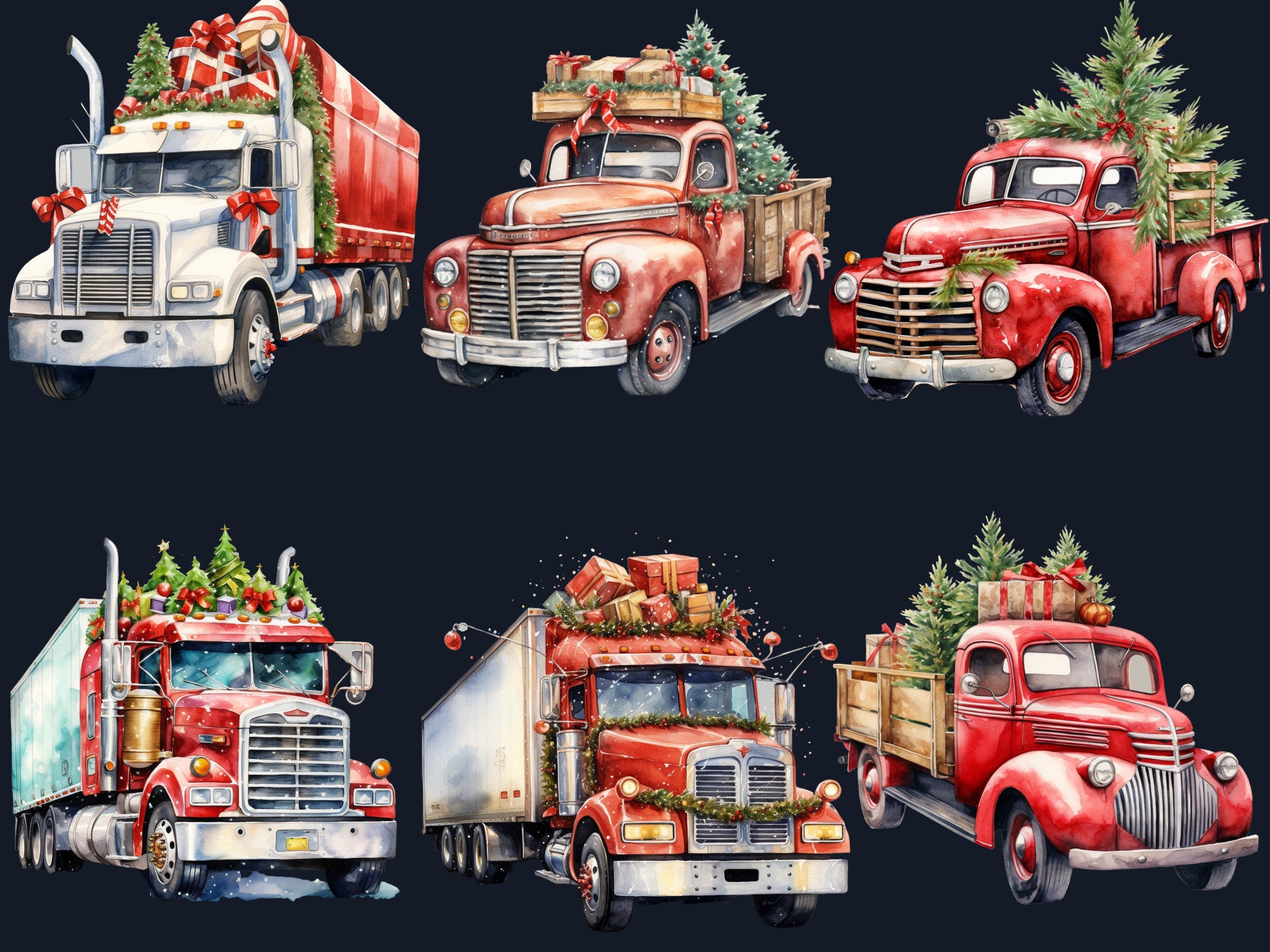 22 PNG Watercolor Christmas Truck Clipart, Merry Christmas Tree Truck Clip art Bundle, Vintage Farm Truck png, Xmas Noel Sublimation Bundle