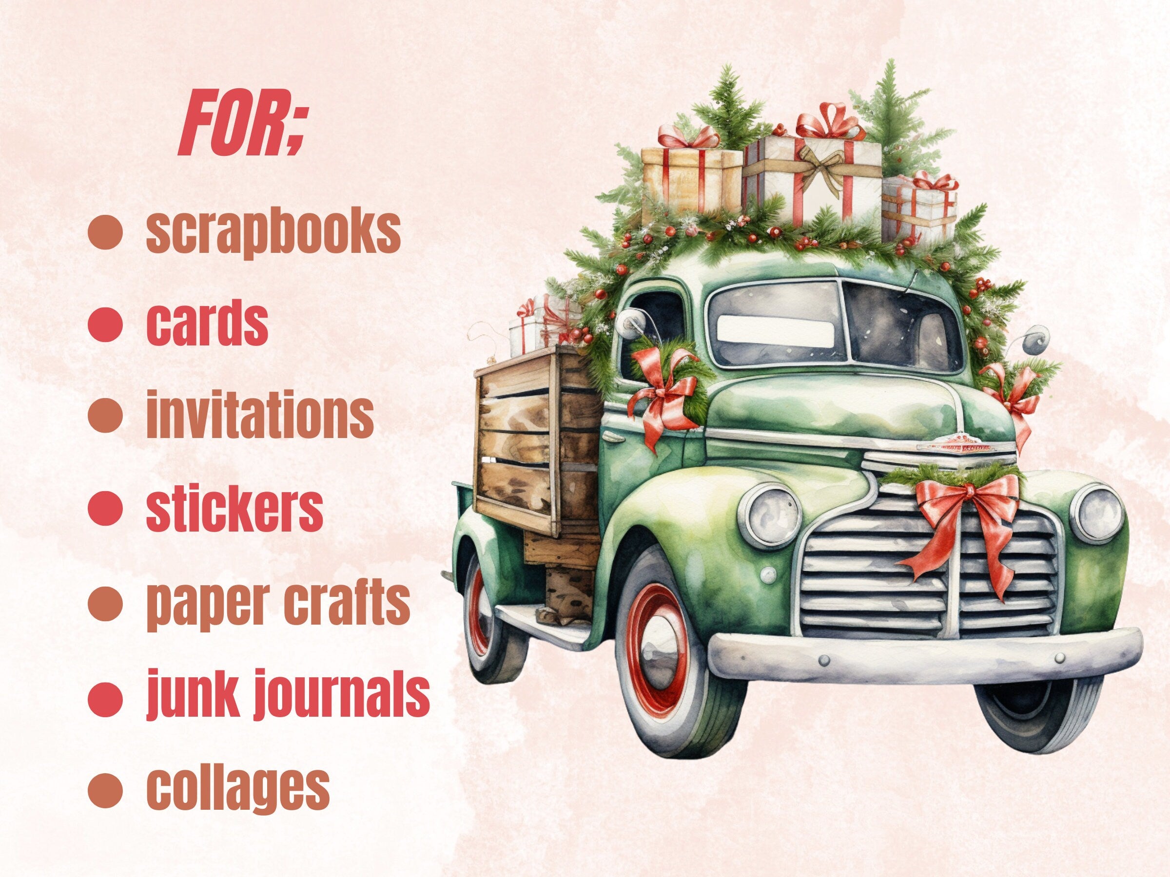 22 PNG Watercolor Christmas Truck Clipart, Merry Christmas Tree Truck Clip art Bundle, Vintage Farm Truck png, Xmas Noel Sublimation Bundle
