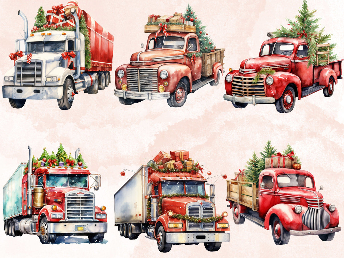 22 PNG Watercolor Christmas Truck Clipart, Merry Christmas Tree Truck Clip art Bundle, Vintage Farm Truck png, Xmas Noel Sublimation Bundle