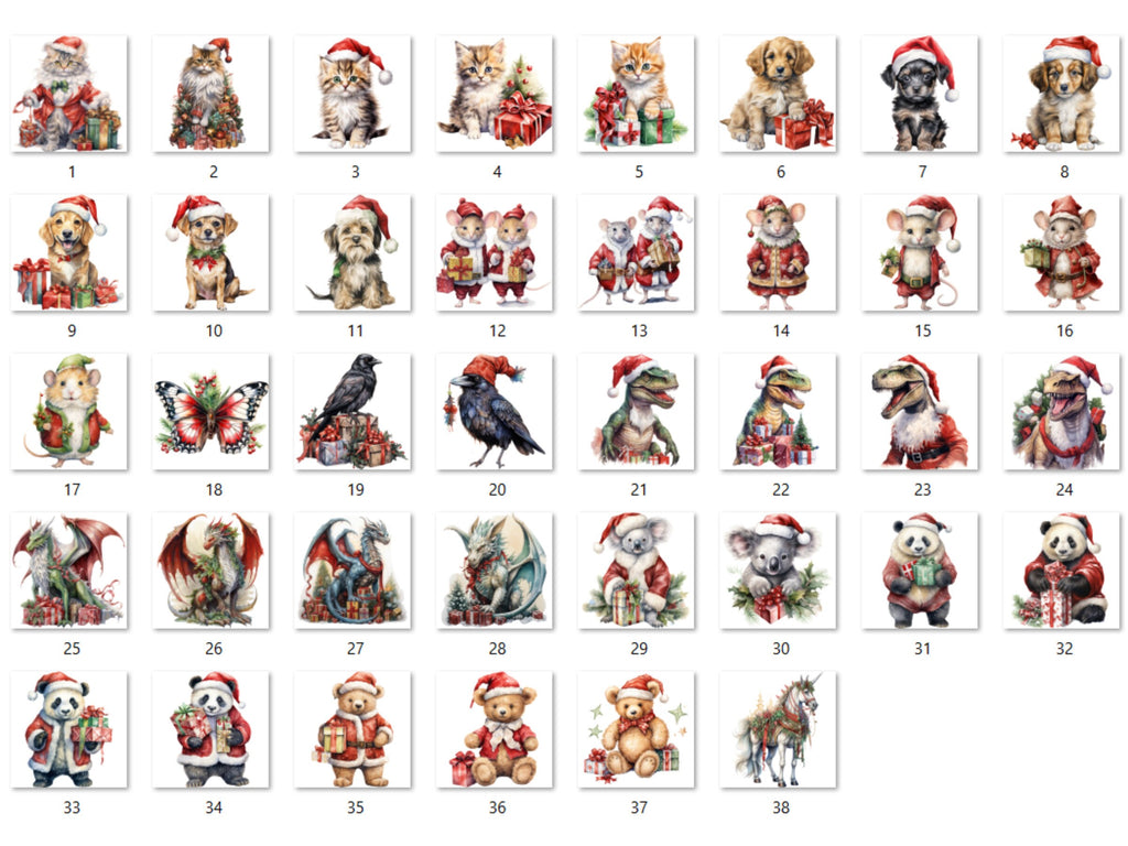 38 PNG Watercolor Christmas Animals Clipart, Merry Christmas Baby shower Clip art, Cute Winter Holiday Graphic png, Xmas Noel Sublimation