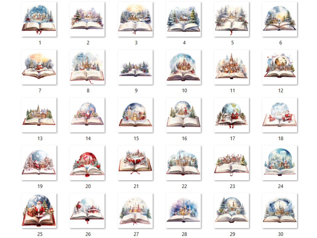 30 PNG Watercolor Christmas Books Clipart Bundle, Fantasy Magical Open Book Clip art, Cute Winter Holiday Graphic png, Xmas Noel Sublimation