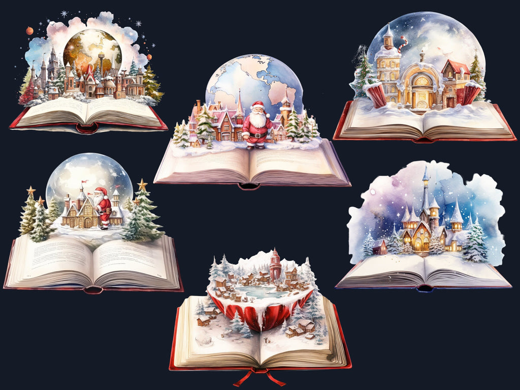 30 PNG Watercolor Christmas Books Clipart Bundle, Fantasy Magical Open Book Clip art, Cute Winter Holiday Graphic png, Xmas Noel Sublimation