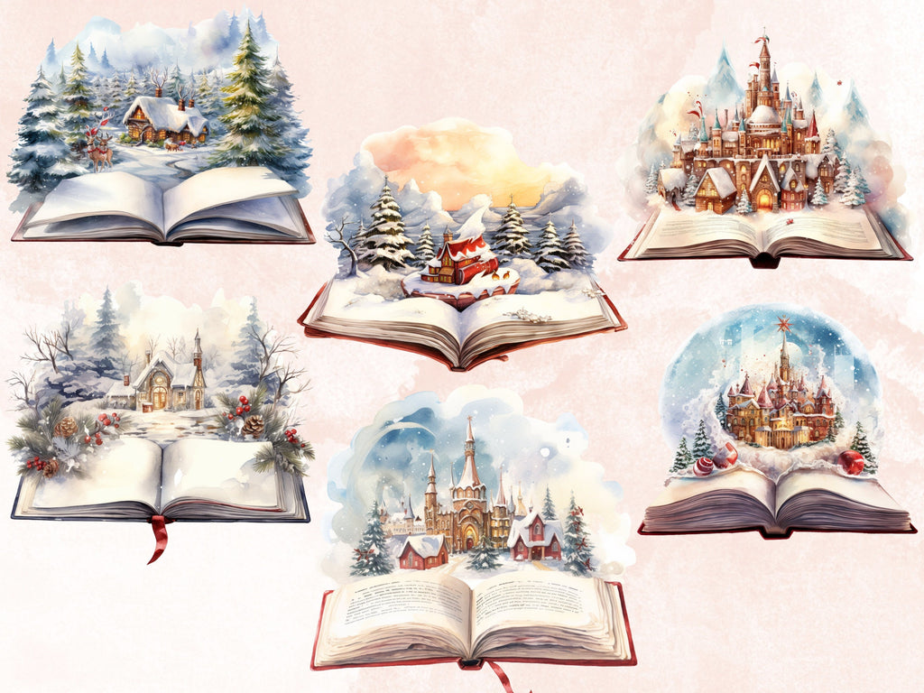 30 PNG Watercolor Christmas Books Clipart Bundle, Fantasy Magical Open Book Clip art, Cute Winter Holiday Graphic png, Xmas Noel Sublimation