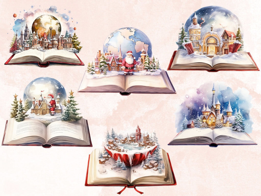 30 PNG Watercolor Christmas Books Clipart Bundle, Fantasy Magical Open Book Clip art, Cute Winter Holiday Graphic png, Xmas Noel Sublimation