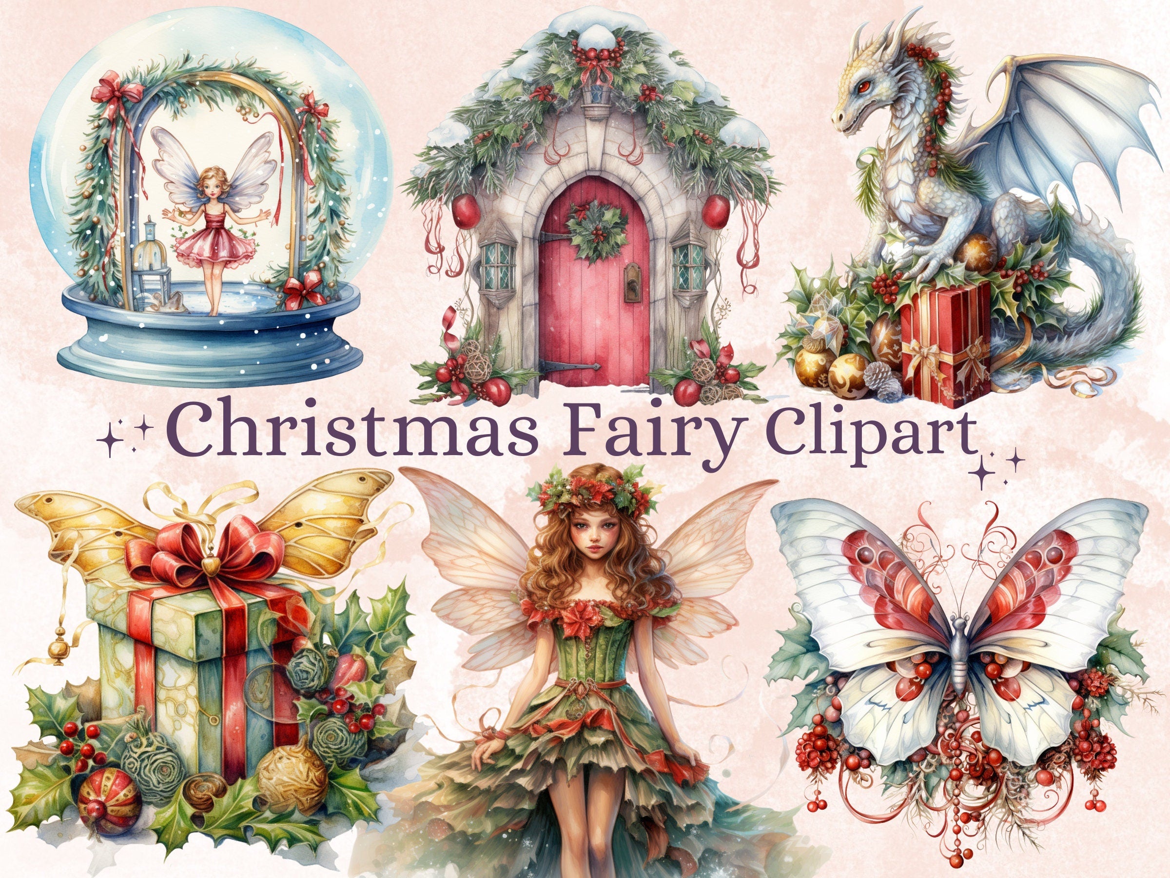 36 PNG Watercolor Christmas Fairy Garden Clipart Bundle, Fairytale Christmas Clip art, Winter Holiday Graphic png, Xmas Noel Sublimation